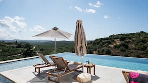 Seasonal outdoor pool, pool umbrellas, pool loungers