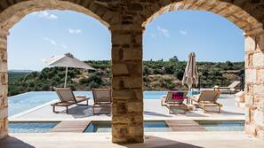 Seasonal outdoor pool, pool umbrellas, pool loungers
