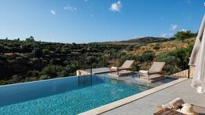 Seasonal outdoor pool, pool umbrellas, pool loungers
