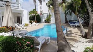 Outdoor pool, pool umbrellas, sun loungers