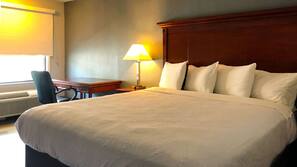 Premium bedding, desk, blackout drapes, soundproofing