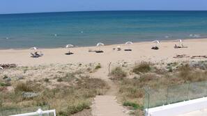 On the beach, sun-loungers, beach umbrellas