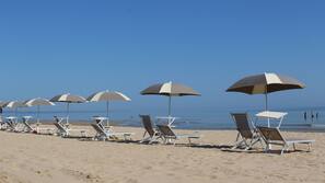 On the beach, sun-loungers, beach umbrellas