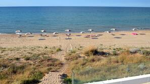 On the beach, sun-loungers, beach umbrellas