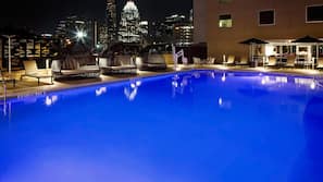 Outdoor pool, pool umbrellas, pool loungers