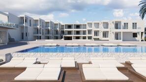 Seasonal outdoor pool, open 10:00 AM to 6:00 PM, pool umbrellas