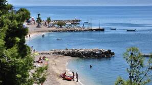 Beach nearby, white sand, beach umbrellas, beach towels