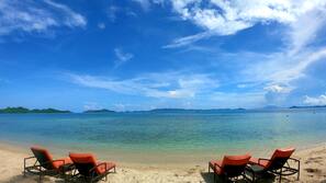 On the beach, sun-loungers, snorkelling, beach volleyball