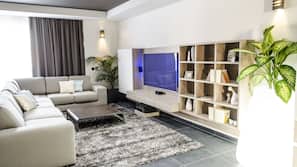 65-inch flat-screen TV with satellite channels