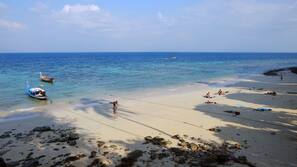 Private beach, sun loungers, beach towels, snorkeling
