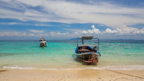 Private beach, sun loungers, beach towels, snorkeling
