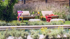 Outdoor pool, pool umbrellas, pool loungers
