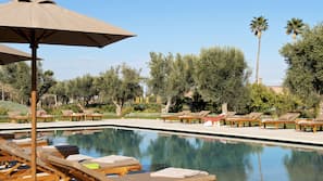 Outdoor pool, pool umbrellas, pool loungers