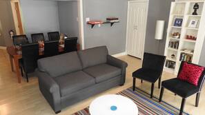 Flat-screen TV, fireplace