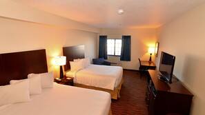Premium bedding, desk, laptop workspace, iron/ironing board