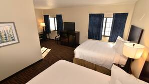Premium bedding, desk, laptop workspace, iron/ironing board