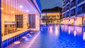 Outdoor pool, pool umbrellas, pool loungers