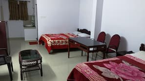 Desk, rollaway beds, linens