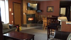 Flat-screen TV, fireplace, DVD player
