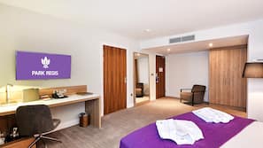 In-room safe, desk, laptop workspace, blackout curtains