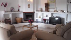 Flat-screen TV, fireplace