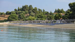 In Strandnähe, Liegestühle, Sonnenschirme, Strandtücher