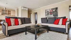 32-inch flat-screen TV with satellite channels, TV