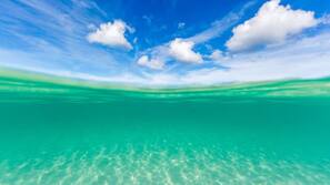 Plage, sable blanc, chaises longues, parasols