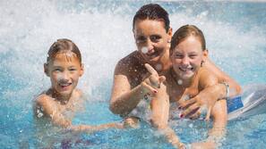 Indoor pool, outdoor pool, pool umbrellas, pool loungers