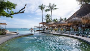 Outdoor pool, pool umbrellas, pool loungers