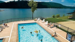 Outdoor pool, pool umbrellas, pool loungers