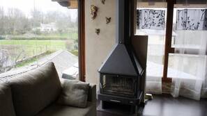LCD TV, fireplace, DVD player