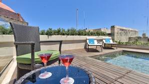 Indoor pool, outdoor pool, pool loungers