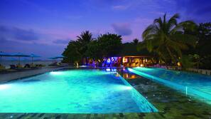 2 outdoor pools, open 9:00 AM to 7:00 PM, pool umbrellas, sun loungers