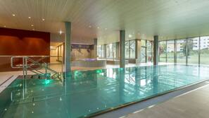 Indoor pool, outdoor pool, sun loungers