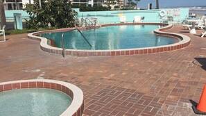 Outdoor pool, pool umbrellas, sun loungers