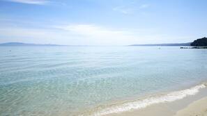 On the beach, sun loungers, beach umbrellas