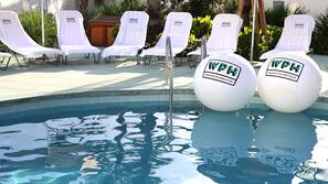 Outdoor pool, pool umbrellas, pool loungers