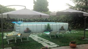 Seasonal outdoor pool, pool umbrellas, pool loungers