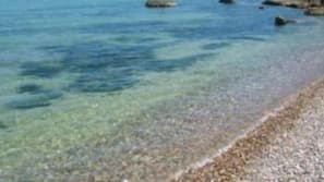 Sulla spiaggia, lettini da mare, ombrelloni, un bar sulla spiaggia