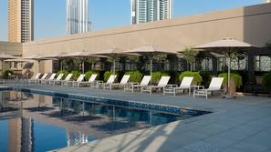 Outdoor pool, pool umbrellas, pool loungers