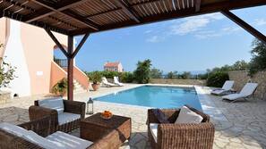 Outdoor pool, pool umbrellas, pool loungers