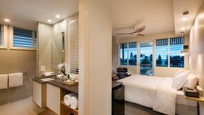 Premium bedding, down comforters, pillowtop beds, in-room safe