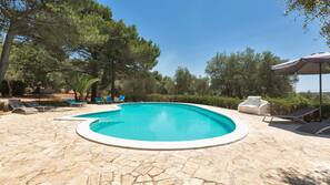 Piscina stagionale all'aperto, ombrelloni da piscina, lettini