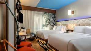 Premium bedding, pillow top beds, desk, laptop workspace
