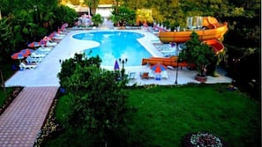 Outdoor pool, pool umbrellas, pool loungers