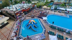 Outdoor pool, pool umbrellas, pool loungers