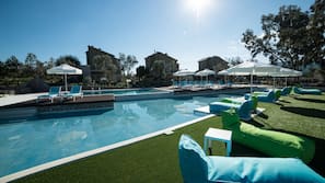 Outdoor pool, pool umbrellas, pool loungers