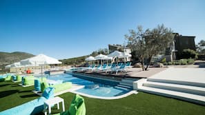 Outdoor pool, pool umbrellas, pool loungers
