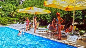 Outdoor pool, pool umbrellas, pool loungers